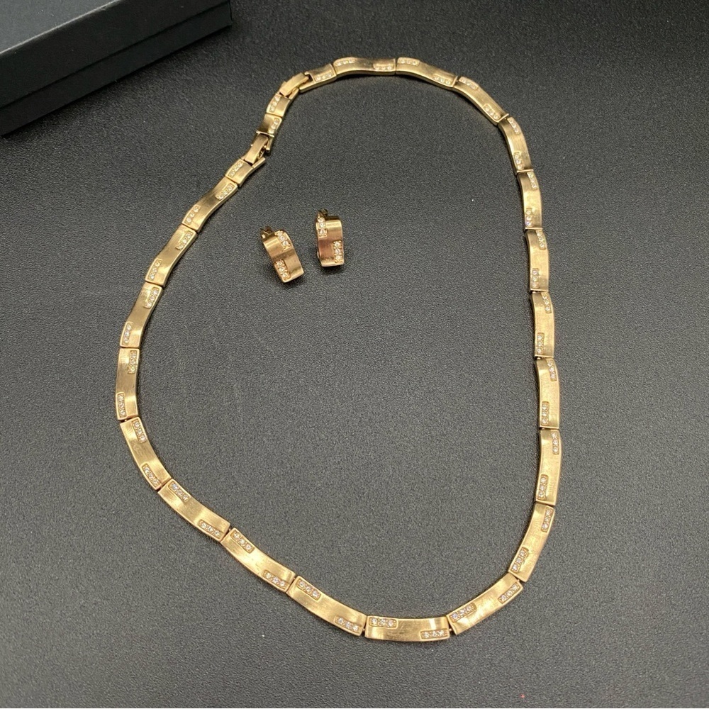 Monet Vintage Gold Tone Link Necklace and Clip On Earrings with Sparkly Accent